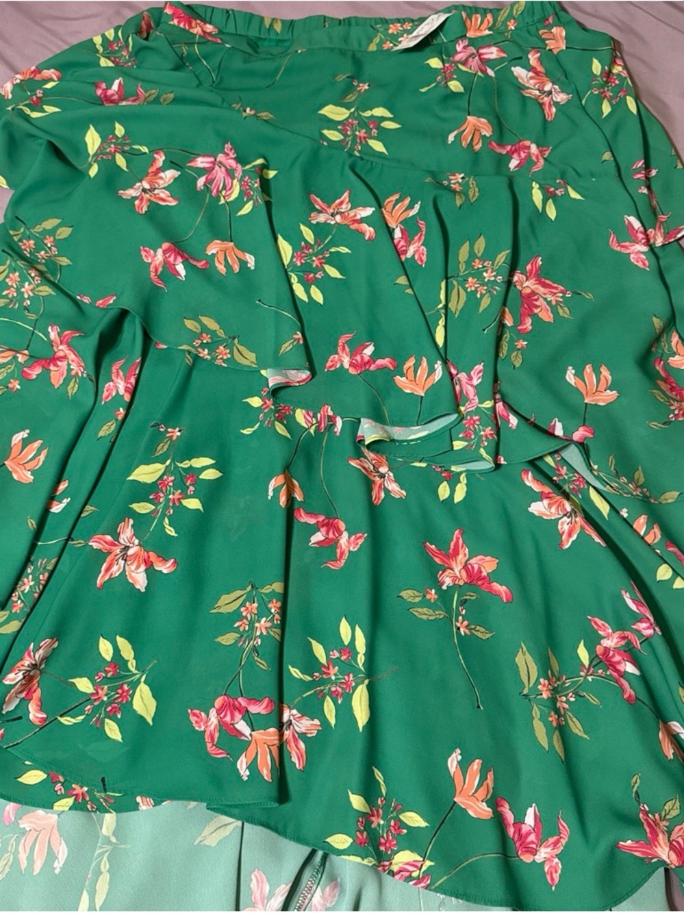 New York & Company Green Floral High-Low Skirt with Pink and Orange Blooms